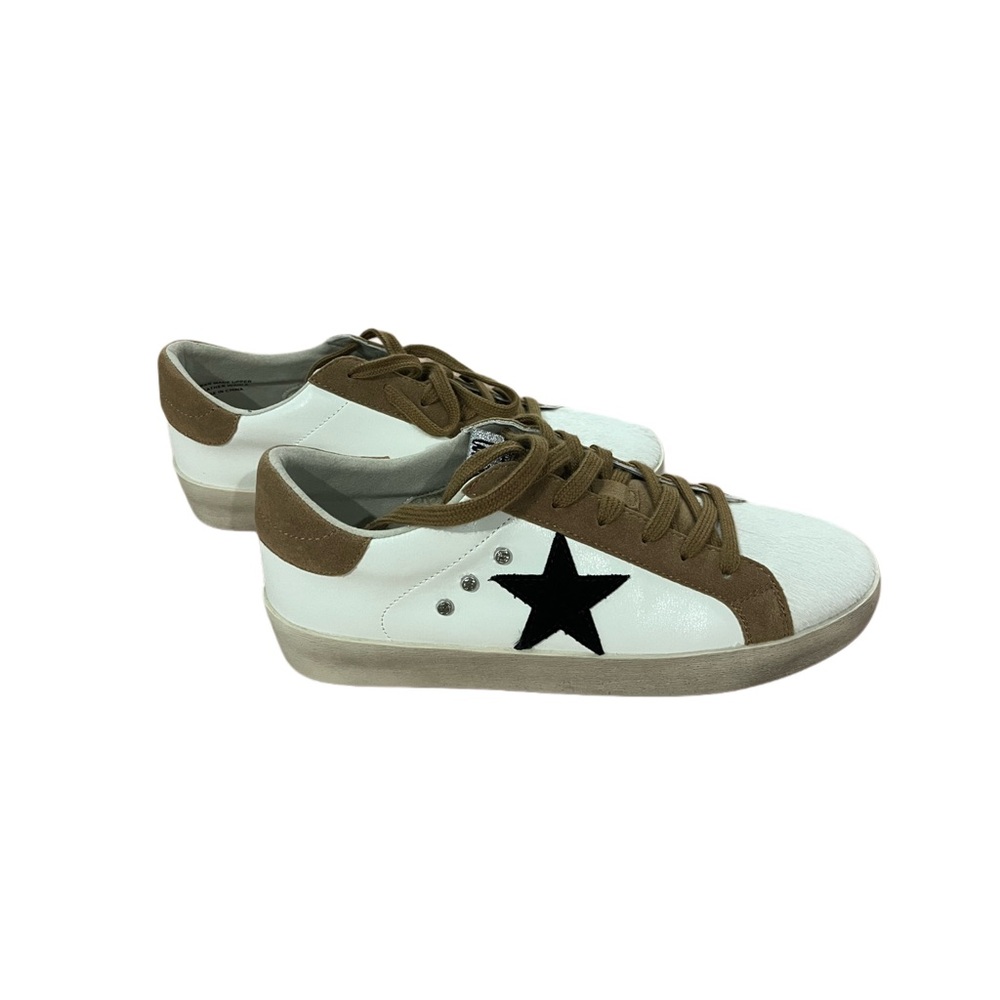 Mi.iM White and Brown Sneakers with Black Star & Hair on toe of shoe